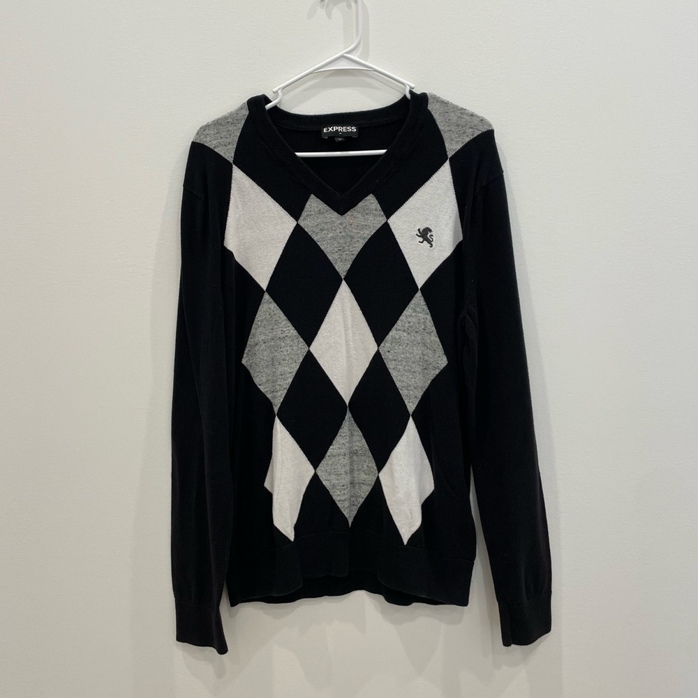 Men's Black/Gray/Wht Express V-Neck Argyle Sweater Size L